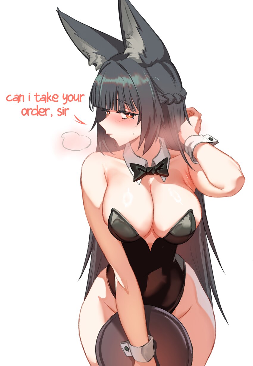 1girl absurdres animal ear fluff animal ears black bow black bowtie black hair black leotard blush bow bowtie breasts collar commentary detached coll…