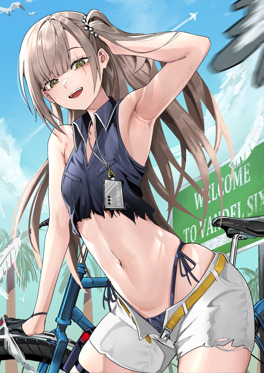 1girl absurdres arm up armpit focus armpits bicycle black gloves blush brown hair commentary crop top flat chest girls frontline girls frontline 2  e…