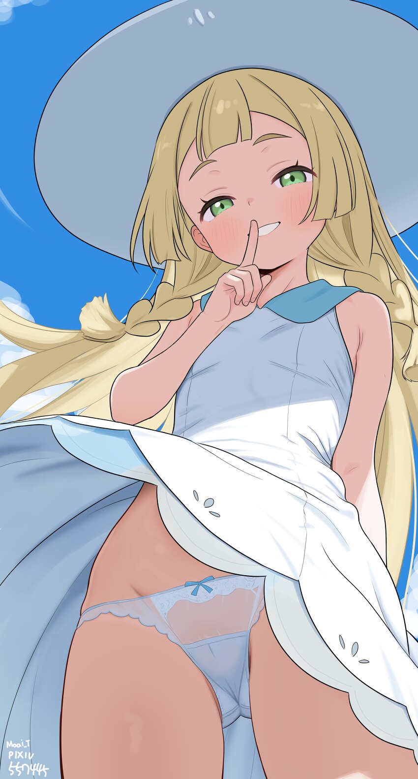 1girl absurdres artist name ass visible through thighs blonde hair blush braid commentary request dress finger to mouth green eyes groin hat highres …