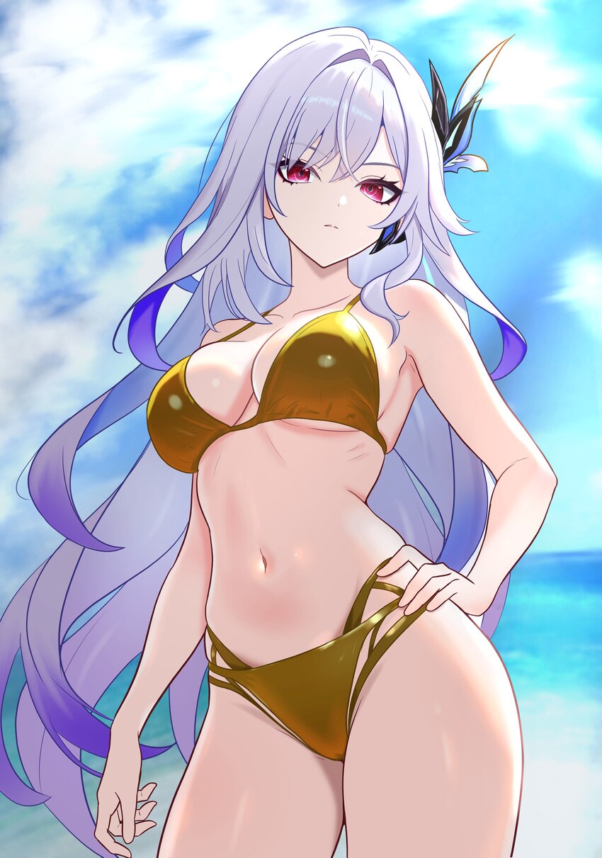 1girl absurdres alternate costume bikini breasts cleavage closed mouth collarbone commentary request day frown futatunoniji genshin impact gold bikin…