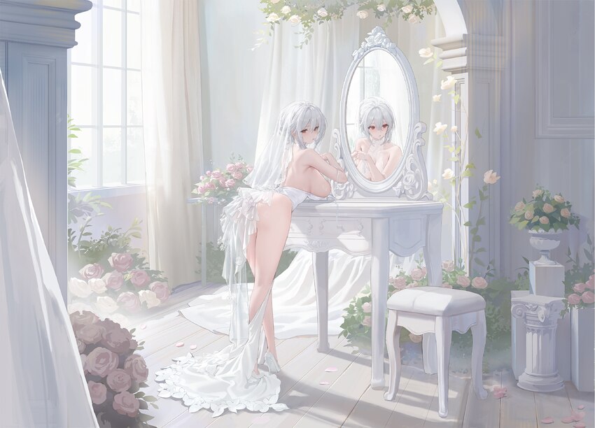 1girl ass azur lane breast rest breasts bridal veil curtains day flower from behind game asset grey hair hair between eyes high heels highleg highleg…