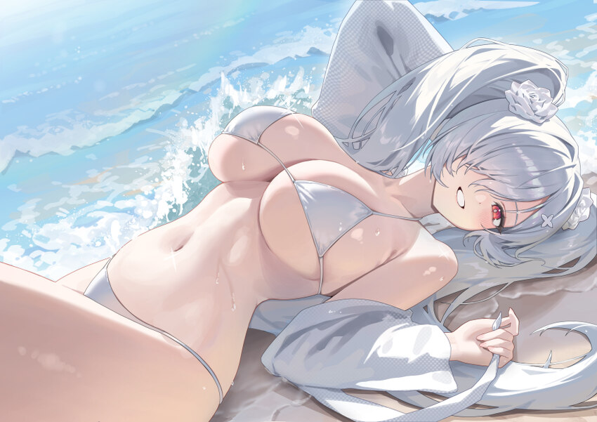 1girl absurdres beach bikini breasts cinderella (crystal wave) (nikke) cinderella (nikke) commentary flower goddess of victory  nikke hair flower hai…