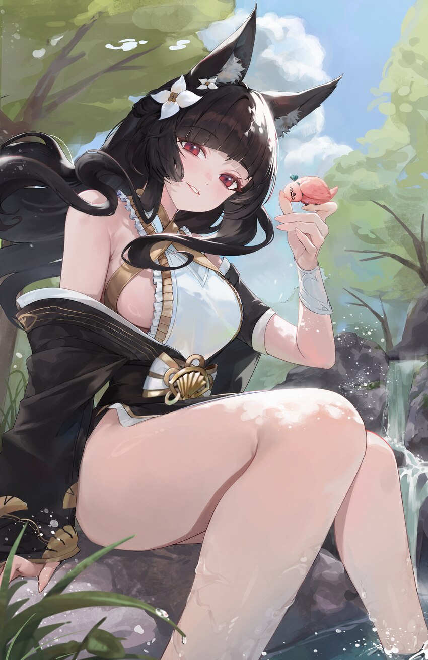 1girl absurdres animal ear fluff animal ears animalization bare legs bare shoulders bird bird on hand black hair black jacket blunt bangs blush botto…