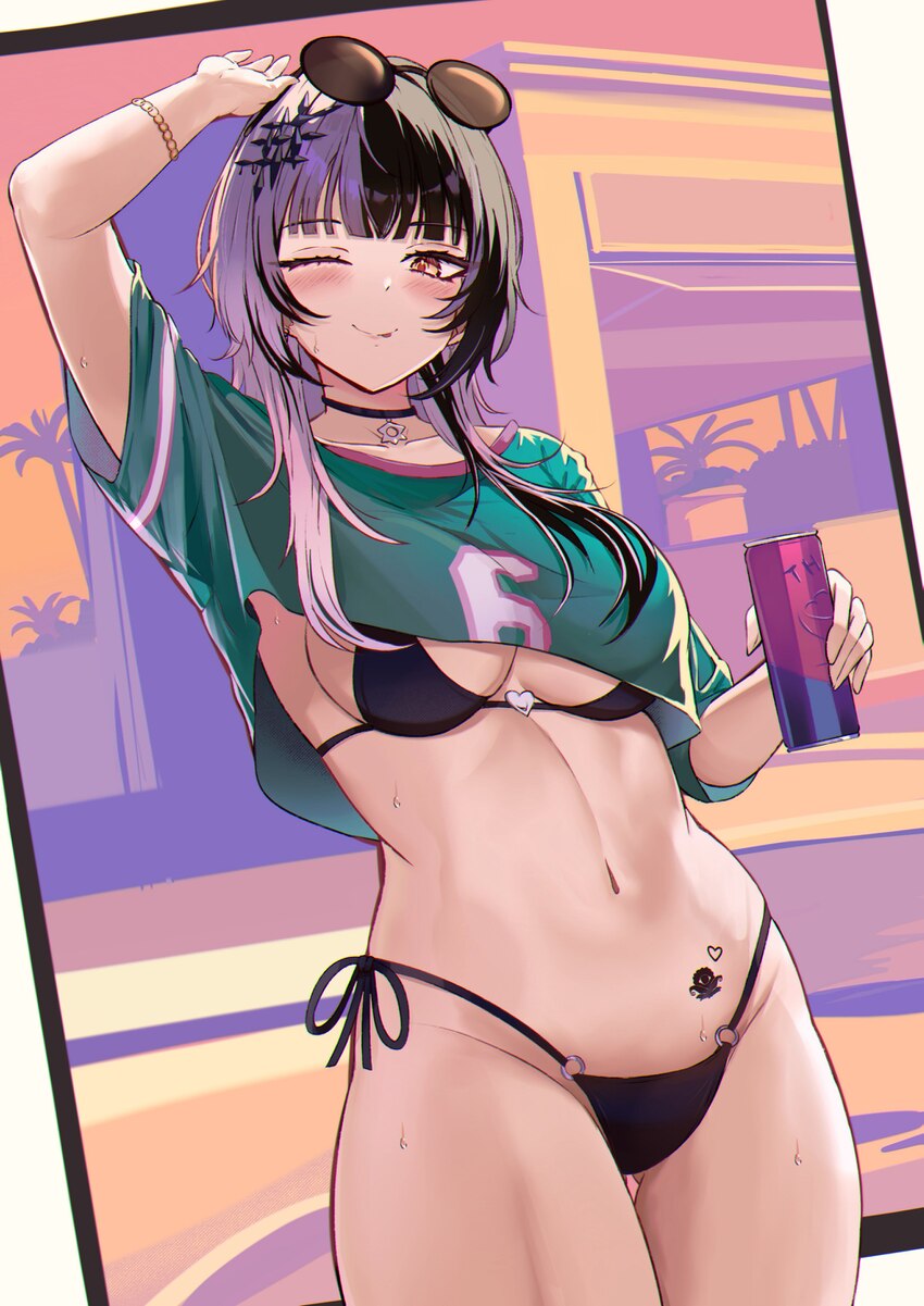 ) 1girl  p absurdres adjusting eyewear arm up bikini bikini top under shirt bikini under clothes black bikini black choker black hair breasts can cho…