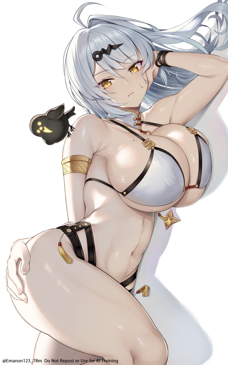 1girl armlet bare shoulders bikini breasts cleavage commentary request detached collar emanon123 grey hair hair ornament hairclip highres jewelry lar…