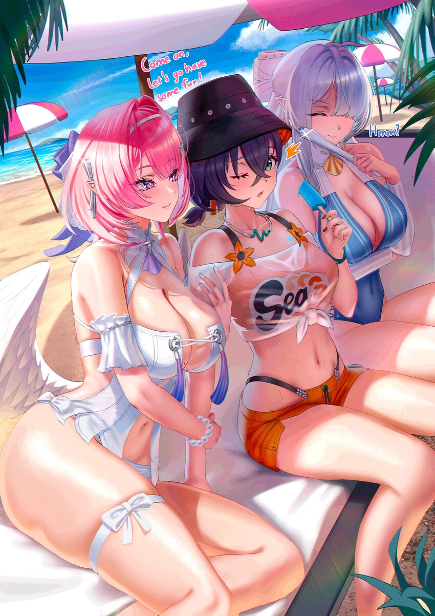 3girls absurdres adapted costume arm hug bare legs beach beach umbrella belle (summer skies) (zenless zone zero) belle (zenless zone zero) bikini bla…