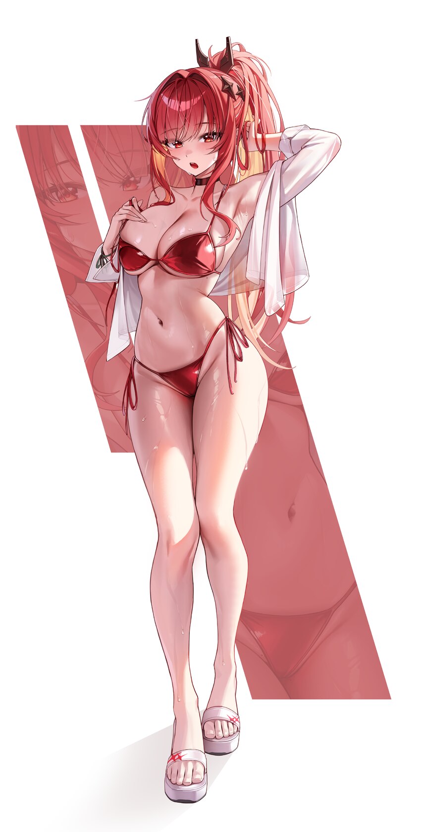 1girl 4q (lokcy516) absurdres arm behind head arm up armpits bare legs bikini black choker breasts choker cleavage commentary request feet full body …