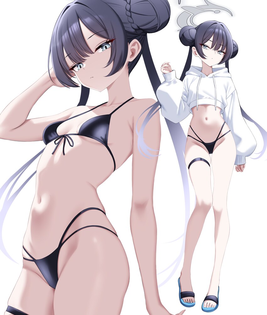 1girl bikini black bikini blue archive blush braid braided base breasts bun with braided base commentary cropped hoodie double bun espada gcon front-…