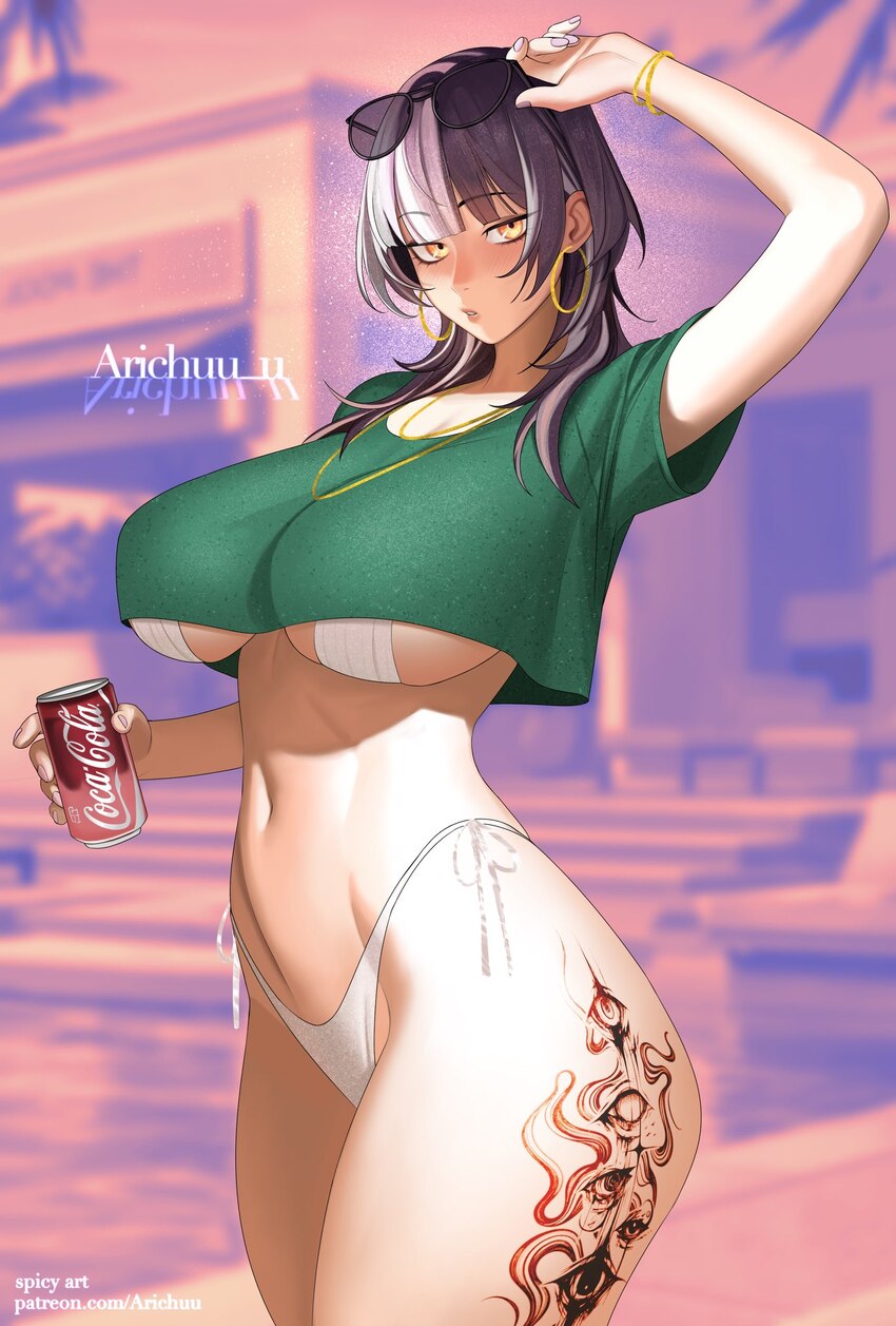 1girl adjusting eyewear arichuu u arm up bikini black hair blurry blurry background bracelet breasts can cleavage coca-cola commentary cover bikini g…