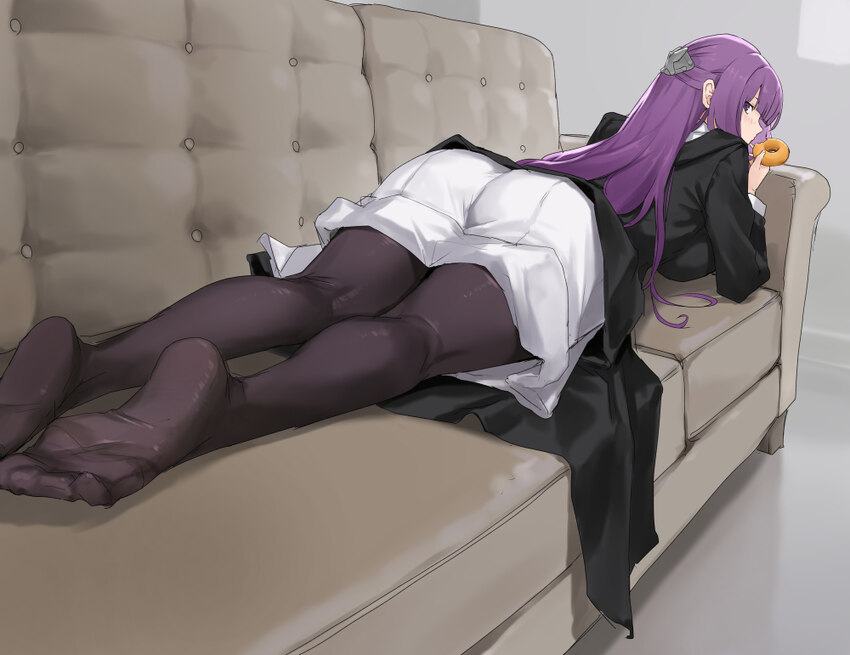 1girl black pantyhose black robe blush commentary couch donut dress eyelashes feet fern (sousou no frieren) food foreshortening from behind full body…