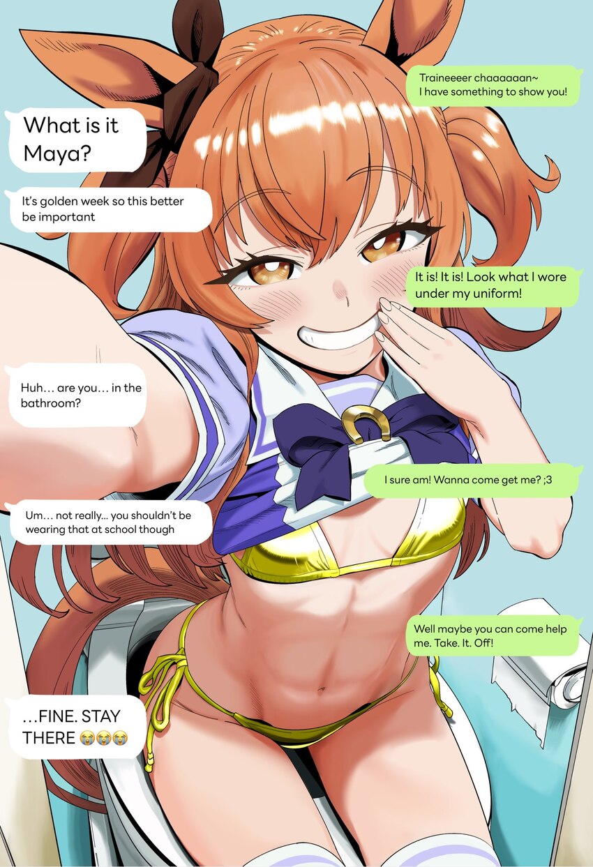 1girl abs animal ears arm up bikini black bow blush bow bowtie bright pupils chat log clothes lift commentary ear bow english text gold bikini hair b…