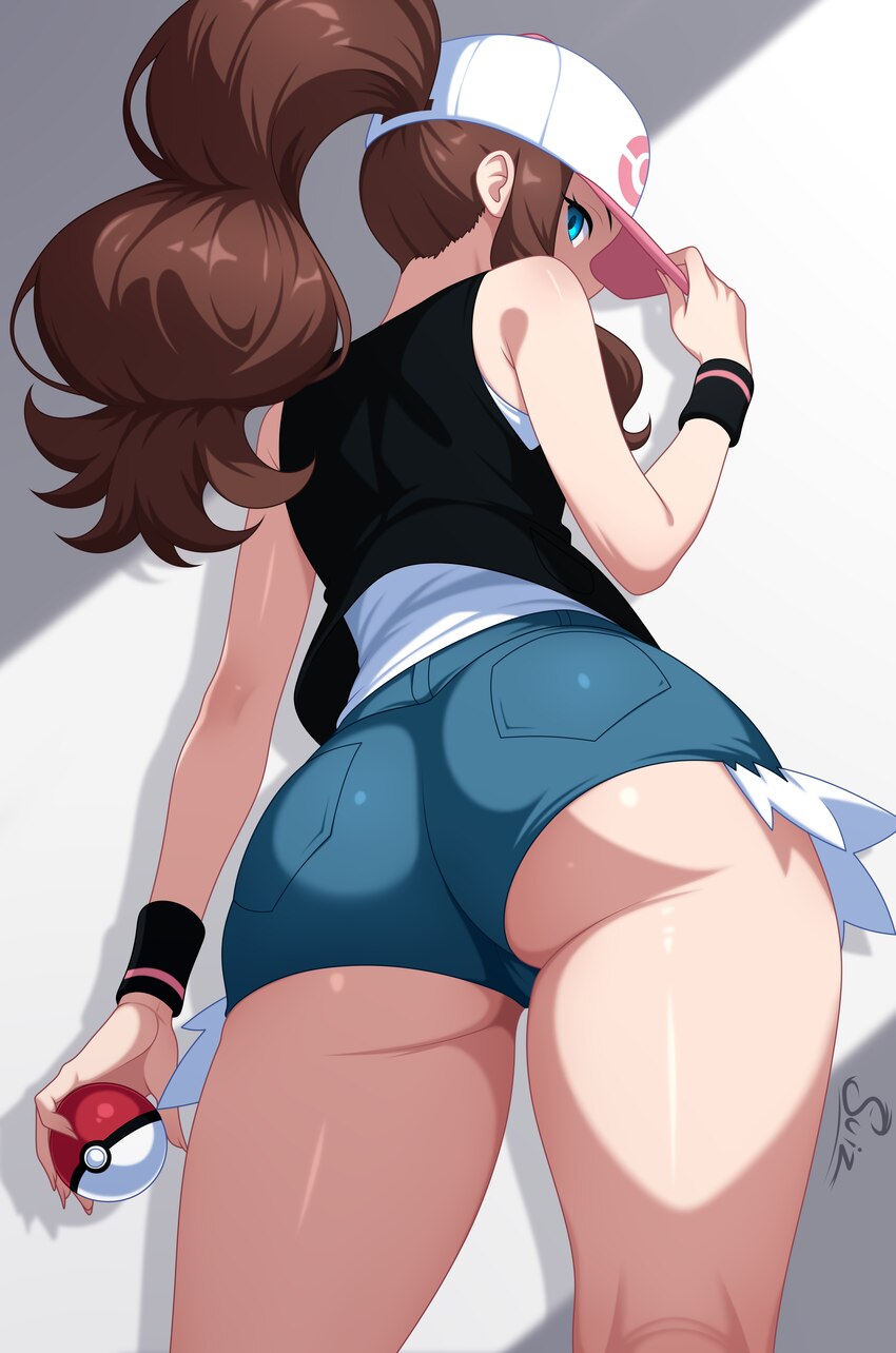 1girl absurdres artist name ass ass focus black vest blue eyes blue shorts brown hair commentary english commentary exposed pocket from below hand on…