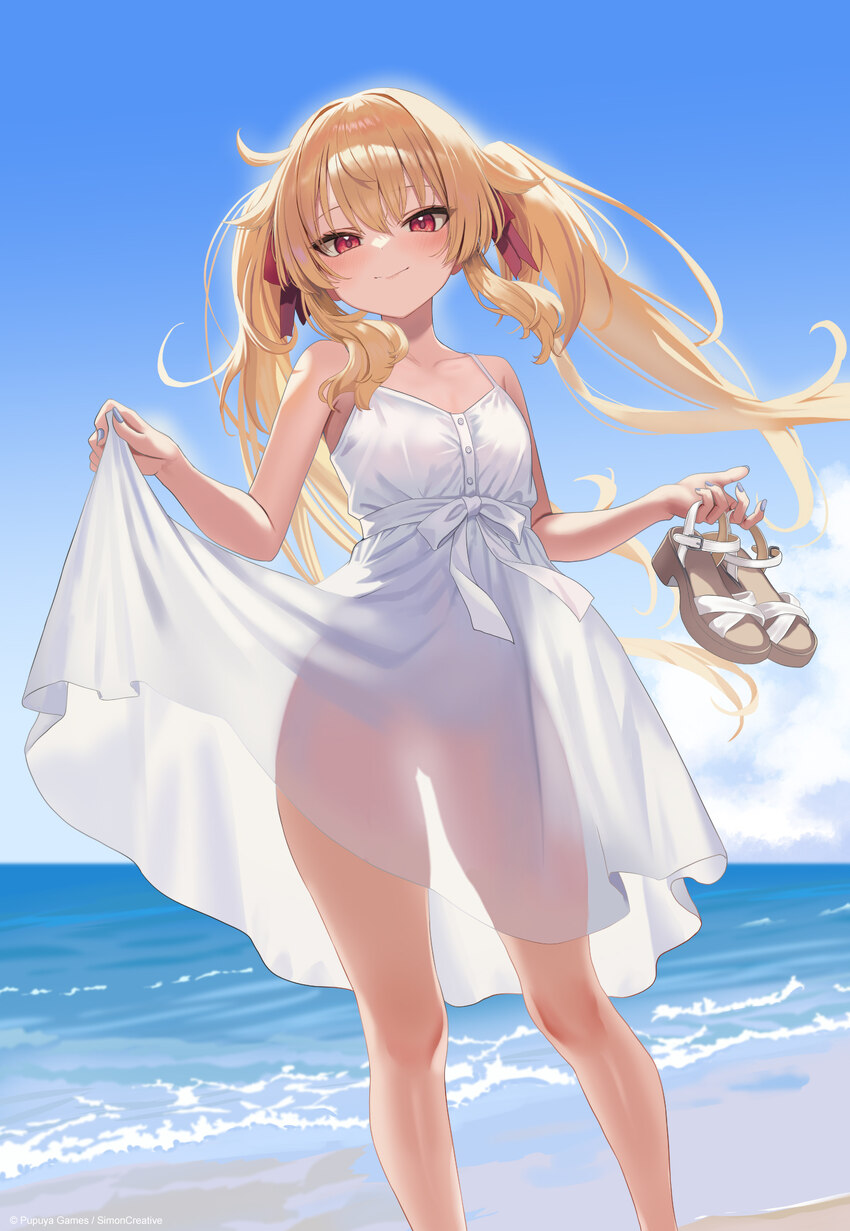 1girl bare legs beach blonde hair blue sky breasts chinese commentary cloud commentary request day dress floating hair hidis0086 highres holding hold…
