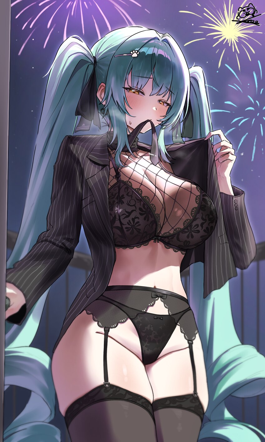1girl aerial fireworks aqua hair black bra black garter belt black jacket black necktie black panties black ribbon black thighhighs bow bow bra bow p…