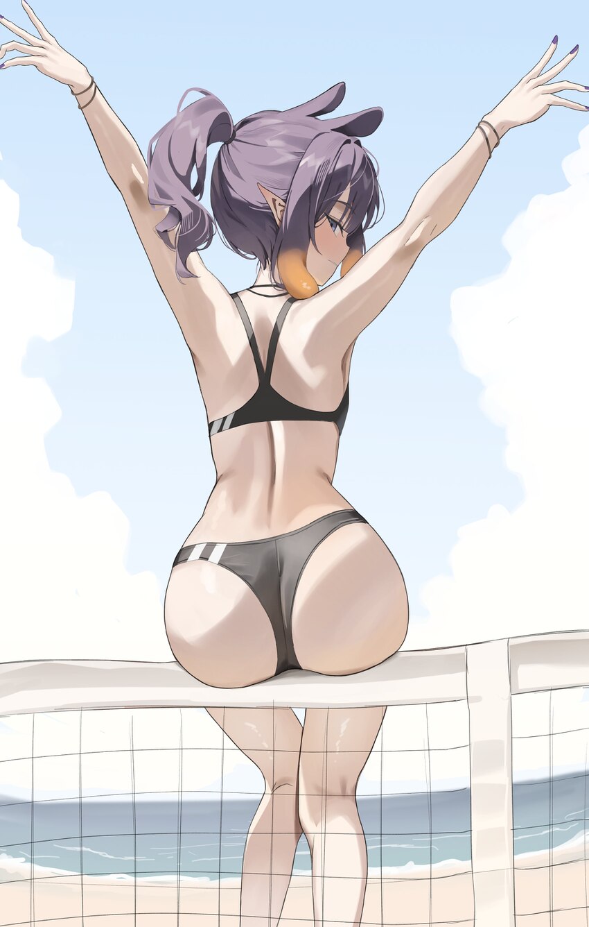 1girl absurdres arms up ass ass rest back bare arms beach bikini black bikini blunt bangs blush bracelet cloud cloudy sky commentary day english comm…