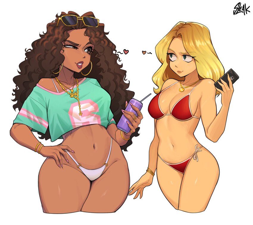 2girls aqua shirt bikini bikini girl (gta v) blonde hair blue eyes breasts brown eyes brown hair can cellphone cleavage commentary cover bikini girl …
