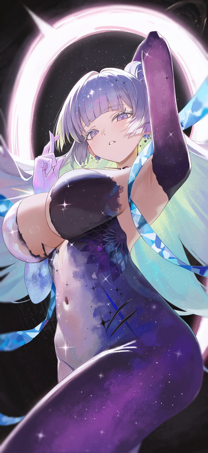 1girl absurdres arm behind head arm up armpits black background black hole blunt bangs blush bodysuit breasts cleavage colored eyelashes colored inne…