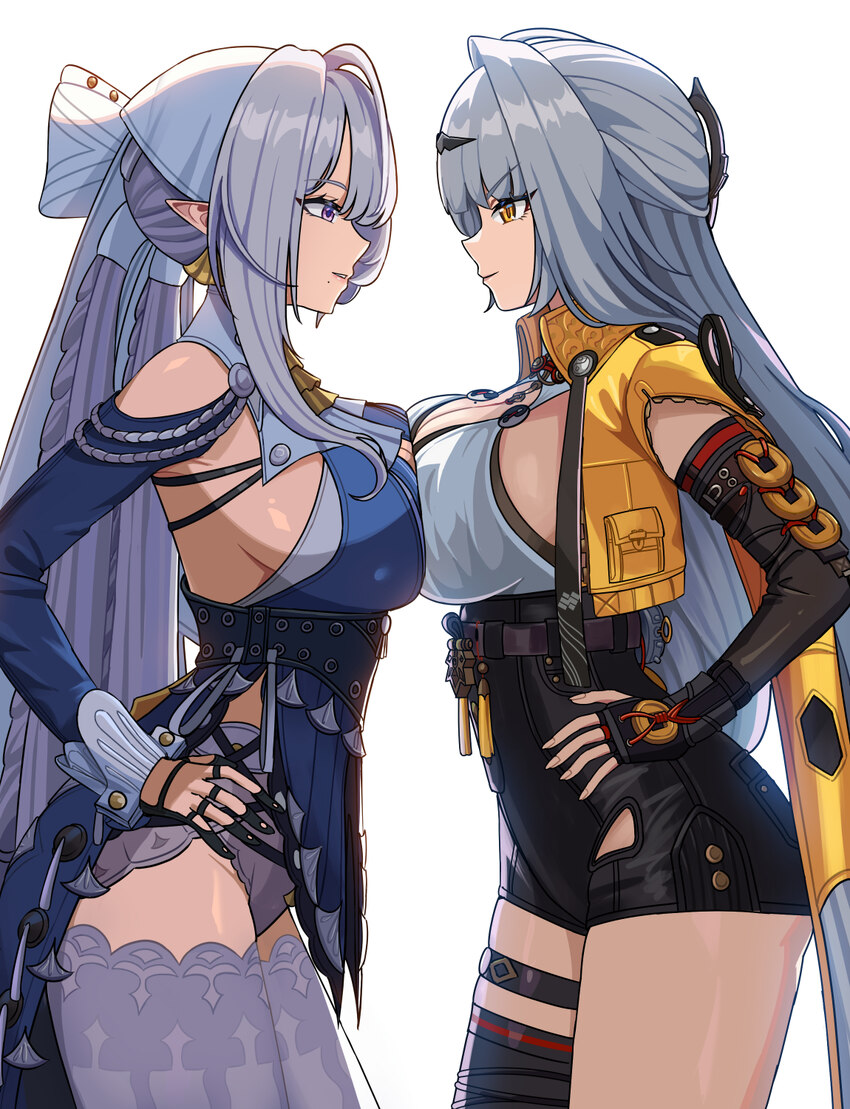 2girls absurdres blue eyes breast press breasts commentary from side grey hair hair ornament hairclip hands on own hips highres junmin large breasts …