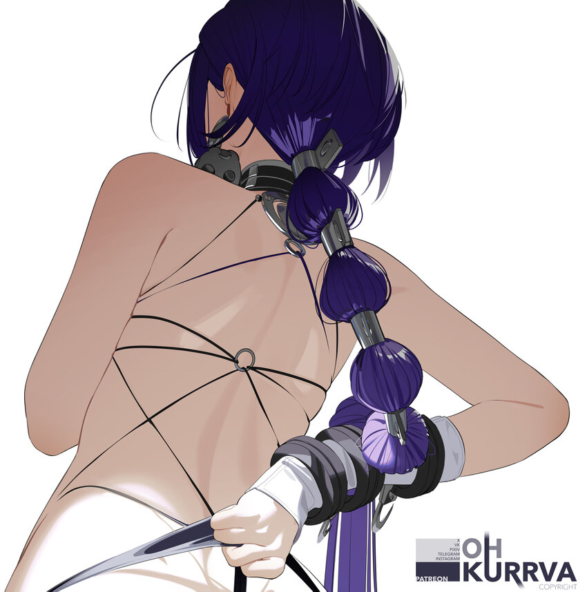 1girl absurdres adjusting clothes back backless outfit commentary english commentary facing away highres jewelry long hair low ponytail o-ring ohkurr…