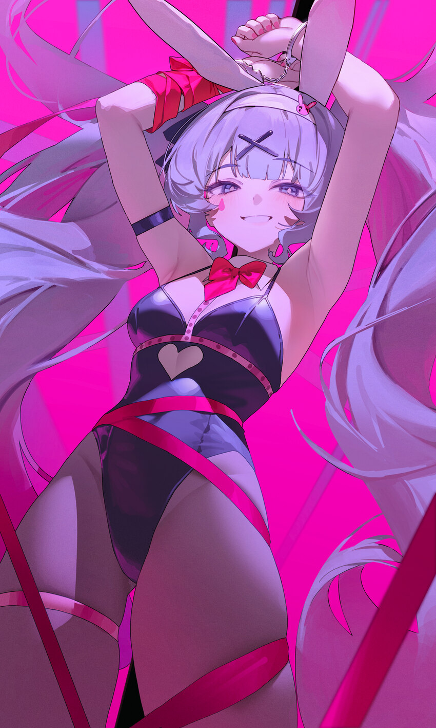 1girl absurdres animal ears arm strap armpits arms up ass visible through thighs bare shoulders black leotard blue eyes blue hair bound bound wrists …