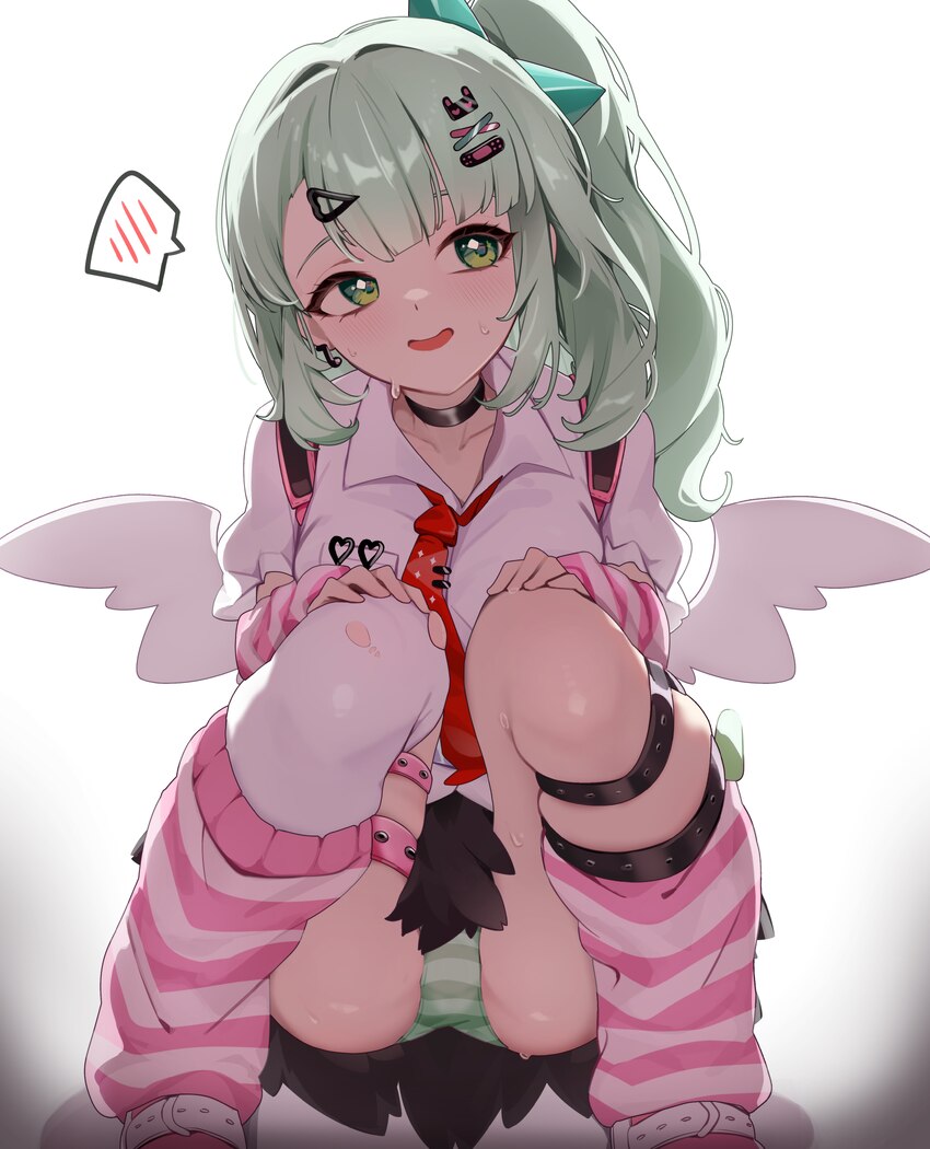 1girl absurdres arm warmers averting eyes backpack bag black choker breast pocket choker collared shirt commentary from below green eyes green hair g…
