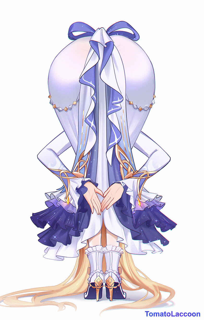 1girl amen pose (meme) ass ass focus bent over blonde hair commentary dress frills from behind frontbend full body genshin impact high heels highres …
