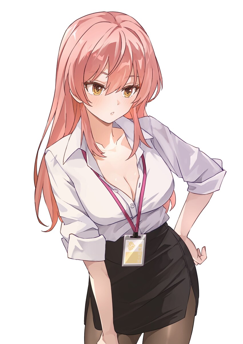1girl absurdres b1ack illust black pantyhose black skirt breasts brown eyes cleavage collarbone collared shirt commentary cowboy shot hair between ey…