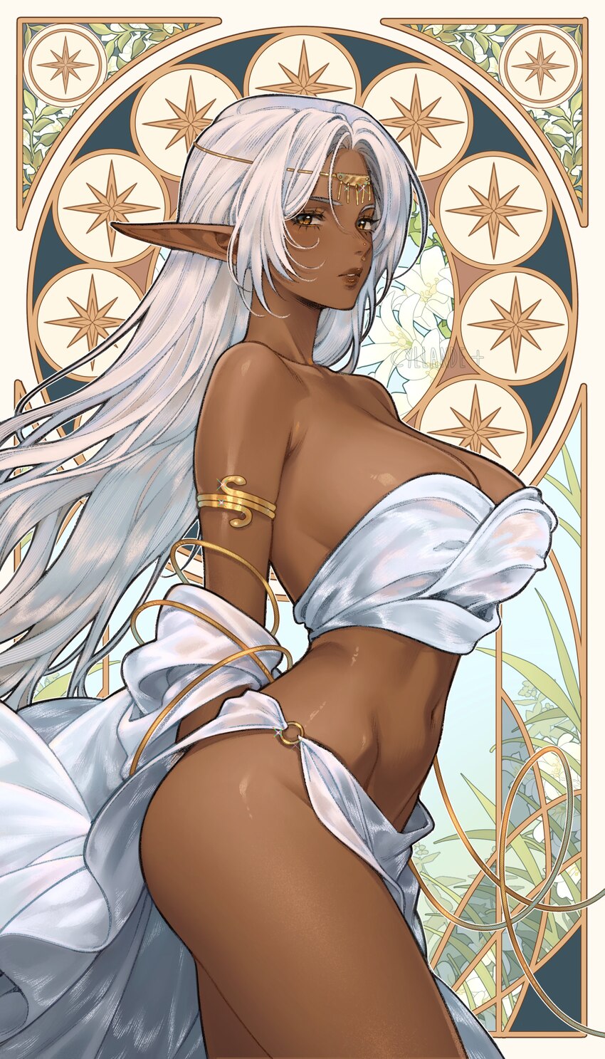 1girl absurdres armlet bare shoulders breasts brown eyes cleavage collarbone commentary dark-skinned female dark elf dark skin elf highres jewelry la…