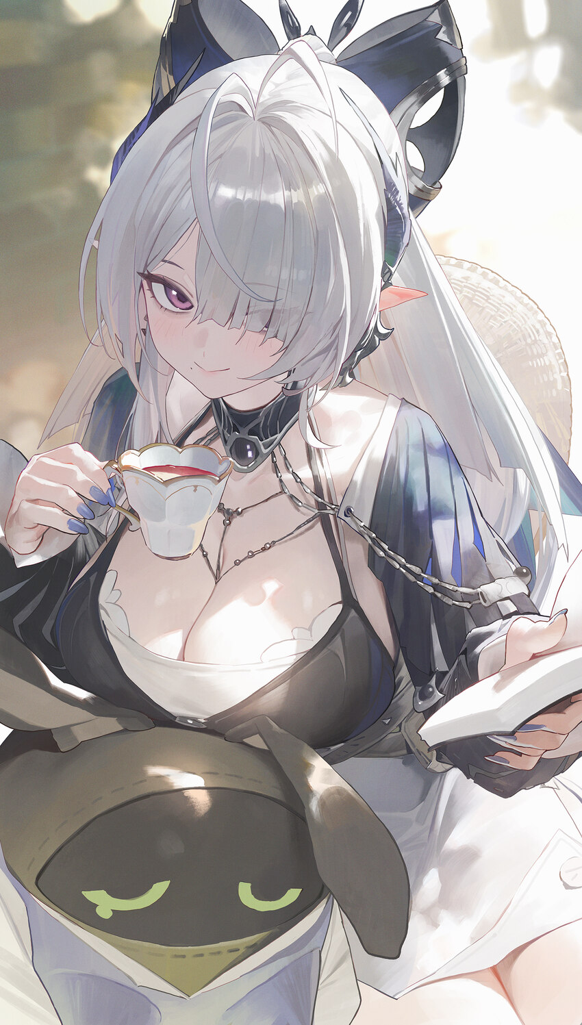 1girl absurdres bangboo (zenless zone zero) blue nails book breasts cleavage closed mouth commentary cup dress eyes visible through hair grey hair ha…