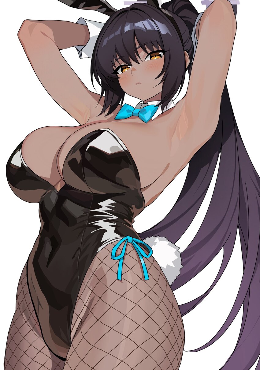 1girl animal ears aqua bow aqua bowtie armpits arms up bare arms bare shoulders black hair black hairband black leotard blue archive blush bow bowtie…