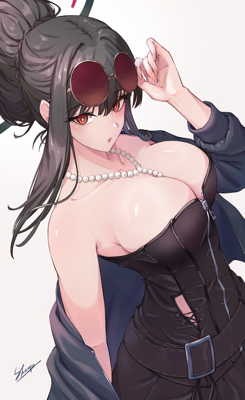 1girl  o absurdres adjusting eyewear alternate costume alternate hairstyle bare shoulders belt black belt black corset black hair black jacket blue a…