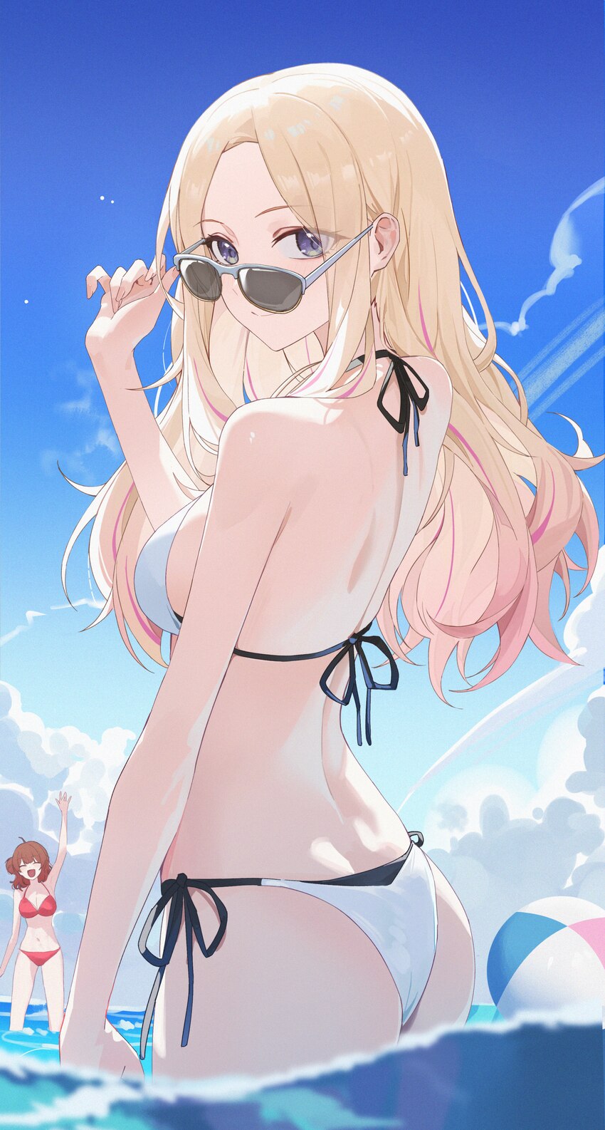 2girls absurdres ass back ball beach beachball bikini blonde hair blue sky breasts brown hair commentary day eimizzzzz from behind gakuen idolmaster …