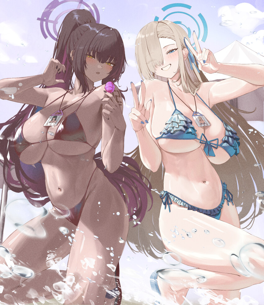 2girls alternate costume asuna (blue archive) bare shoulders bikini black bikini black hair blonde hair blue archive blue bikini blue eyes blue ribbo…