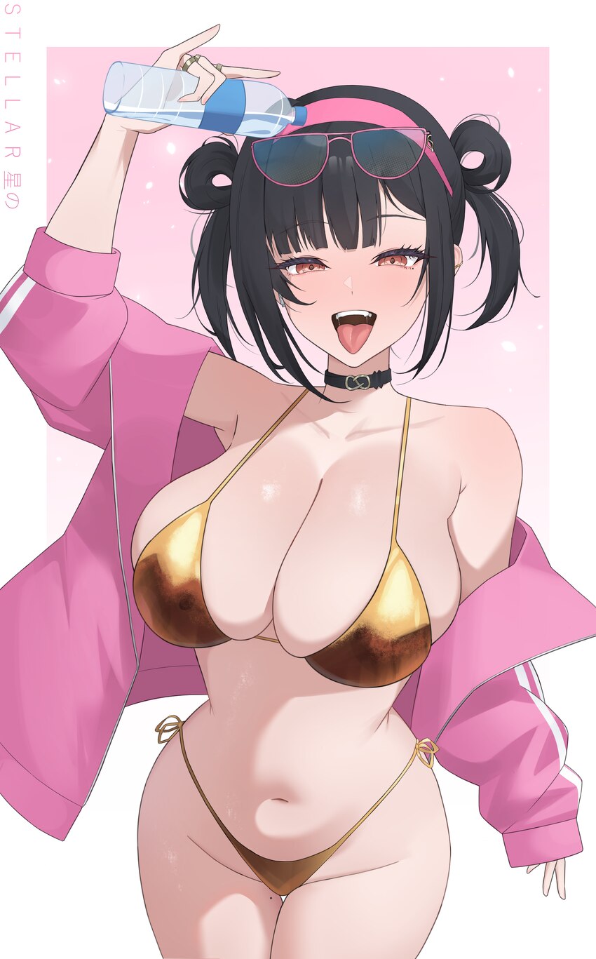 1girl absurdres adapted costume bikini black choker black hair blush bottle breasts choker cleavage collarbone commentary curvy english commentary ey…