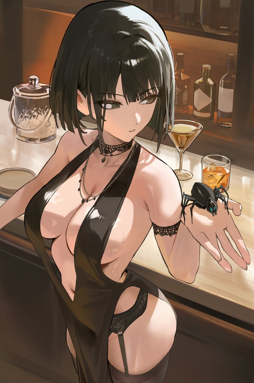 1girl absurdres alternate costume bar (place) black dress black eyes black garter belt black hair black thighhighs breasts bug cleavage commentary cu…