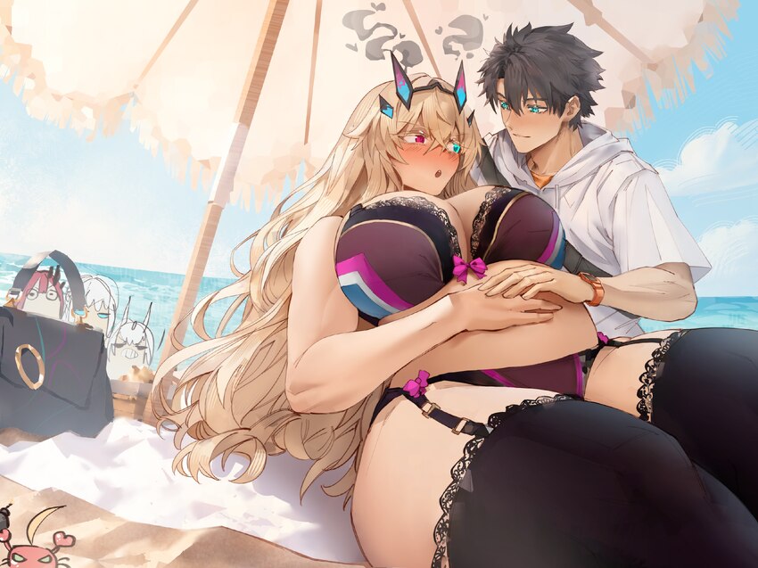 1boy absurdres baobhan sith (fate) bare shoulders barghest (fate) beach beach umbrella black thighhighs blonde hair blue eyes bra breasts chibi cleav…
