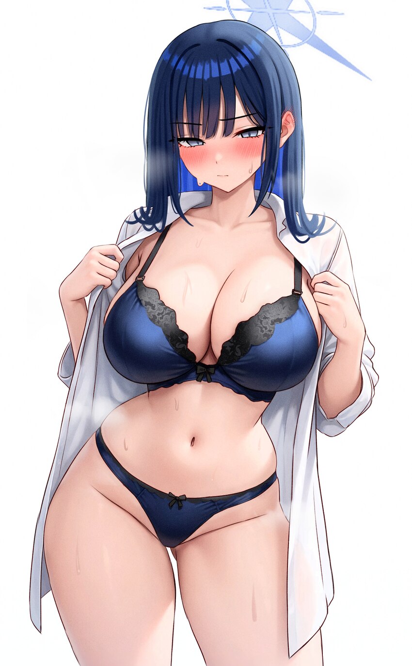 1girl absurdres ass visible through thighs black hair blue archive blue bra blue eyes blue hair blue halo blue panties blush bow bow bra bow panties …