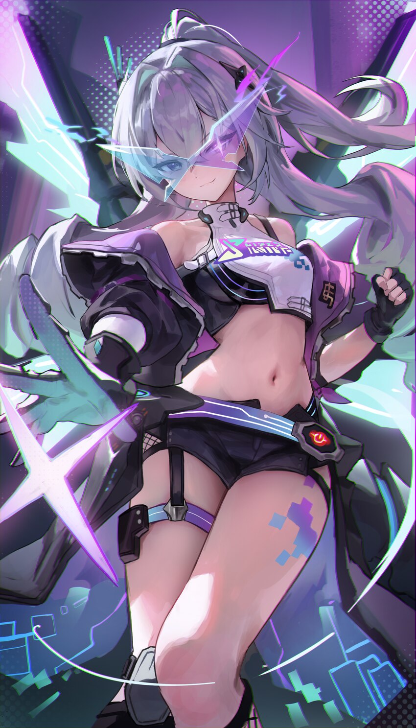 1girl absurdres bare shoulders belt black gloves black jacket black shorts breasts commentary crop top fingerless gloves gloves goggles grey hair hig…