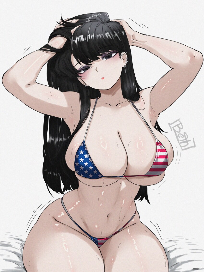 1girl absurdres american flag american flag bikini american flag print arms up bikini black eyes black hair blush breasts collarbone ear piercing ear…