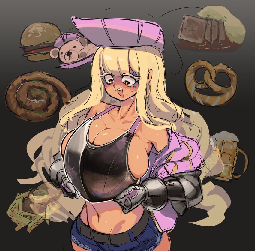 1girl alcohol armor beer beer mug blonde hair blush breastplate breasts burger centurii-chan chaperon hat collarbone colored eyelashes commentary cou…
