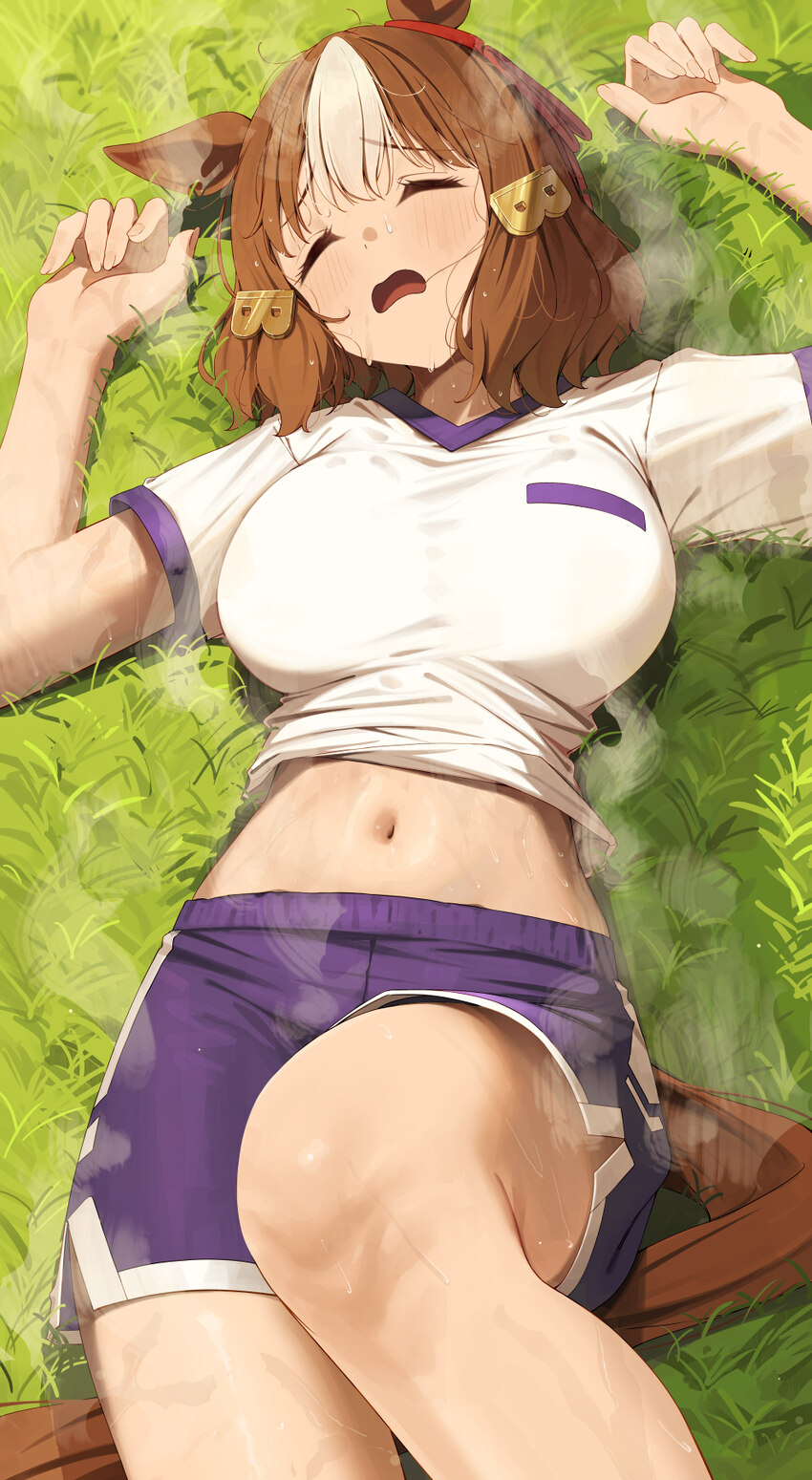 1girl animal ears belno light (umamusume) blush breasts brown hair closed eyes ear ribbon exhausted gym shirt gym uniform hair ornament highres horse…