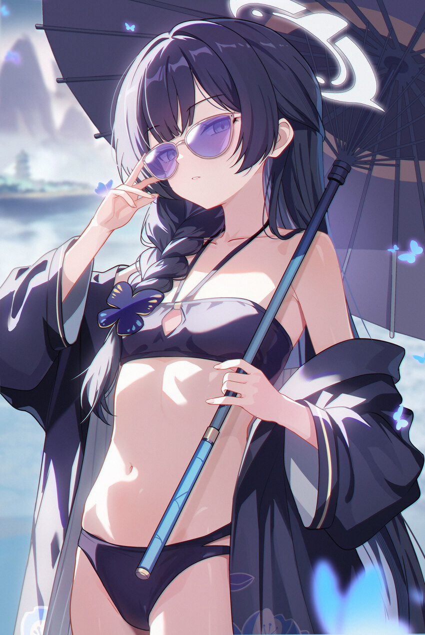1girl absurdres adjusting eyewear bare shoulders bikini black bikini black hair black haori blue archive blurry blurry background braid breasts bug b…