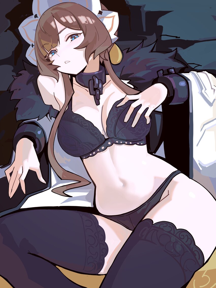 1girl absurdres black bra black panties black thighhighs blue eyes bra breasts brown hair coat commentary cuffs distr english commentary genshin impa…