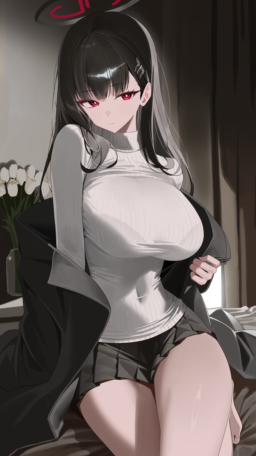 1girl absurdres black hair black halo black skirt blue archive bra visible through clothes breasts bright pupils closed mouth commentary covered nave…
