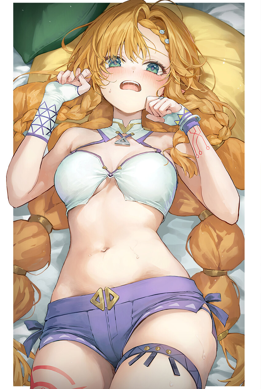 1girl alternate breast size (larger) blush breasts commentary fingerless gloves gloves green eyes hands up highres long hair looking at viewer lying …