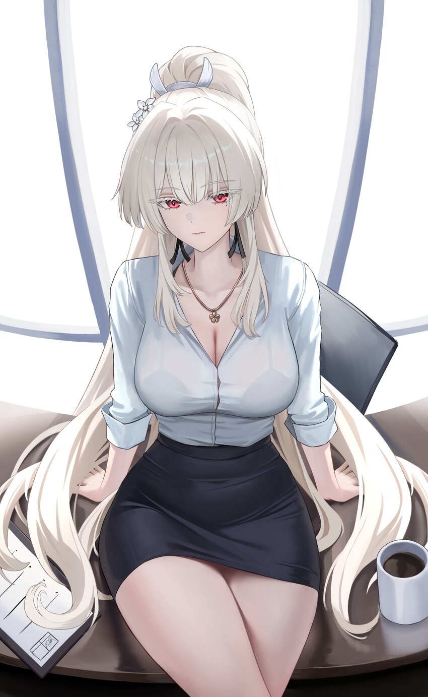 1girl absurdres black skirt bra visible through clothes breasts cleavage closed mouth coffee mug colored eyelashes commentary cup desk highres hiyuki…