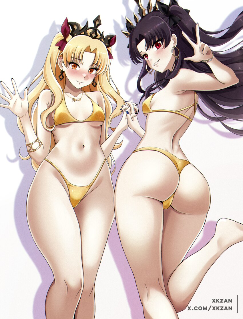 2girls armlet artist name ass bare shoulders bikini black hair black nails blonde hair blue nails blush bow bracelet breasts closed mouth collar comm…