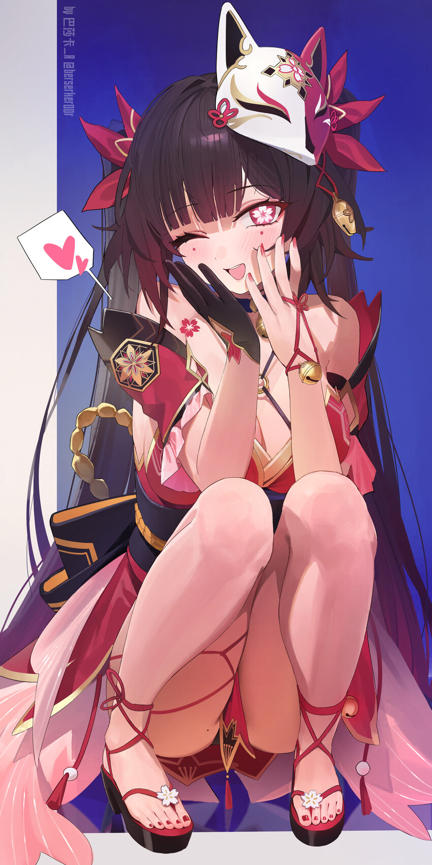 1girl absurdres bare shoulders bell berserker r black gloves black panties black sandals black sash black shoes blush breasts brown hair butterfly-sh…
