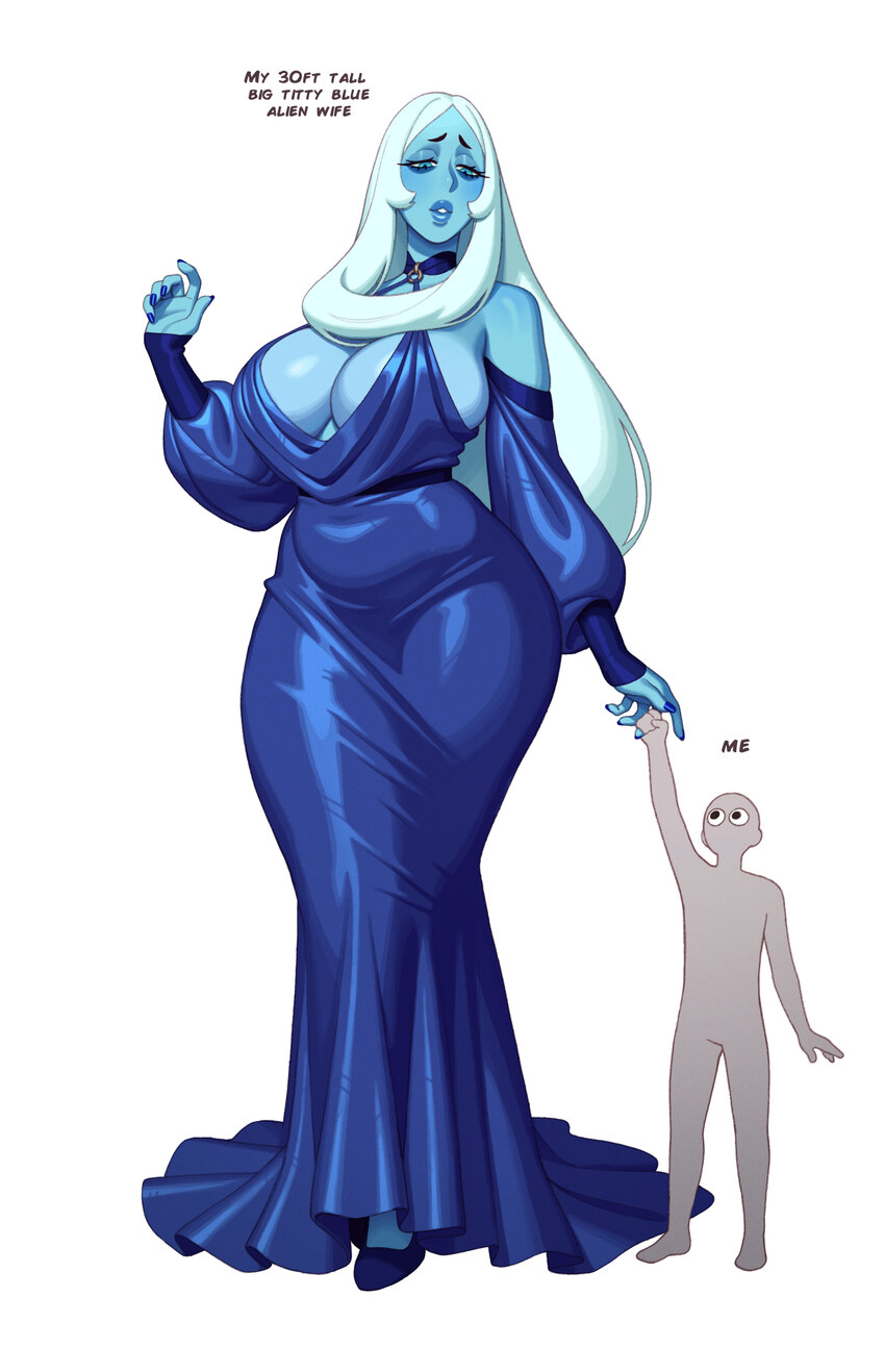 1boy 1girl absurdres alien alternate breast size (larger) blue diamond (steven universe) blue dress blue eyes blue hair blue skin breasts colored ski…