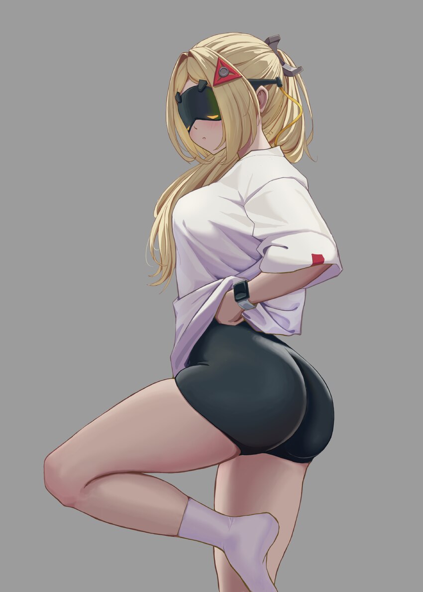 1girl absurdres alternate costume ass bike shorts blindfold mask blonde hair breasts commentary english commentary eye mask from side grey background…